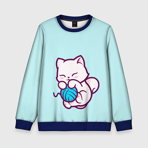 Детский свитшот Белый котенок с клубком милый / 3D-Синий – фото 1