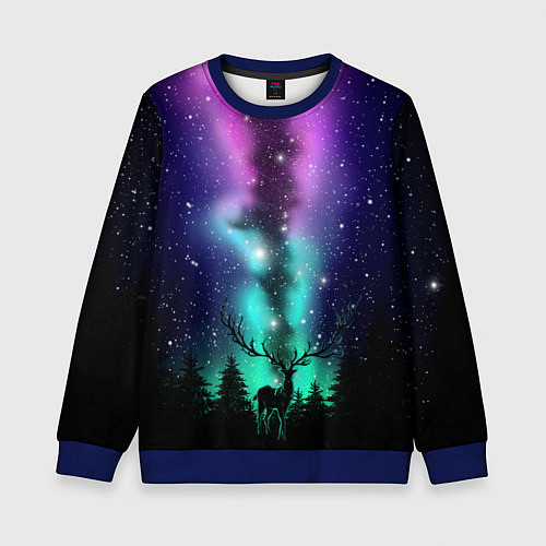 Детский свитшот Силуэт оленя северное сияние / 3D-Синий – фото 1