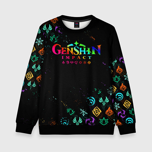 Детский свитшот GENSHIN IMPACT NEON LOGO RAINBOW STYLE, ЭМБЛЕМЫ / 3D-Черный – фото 1