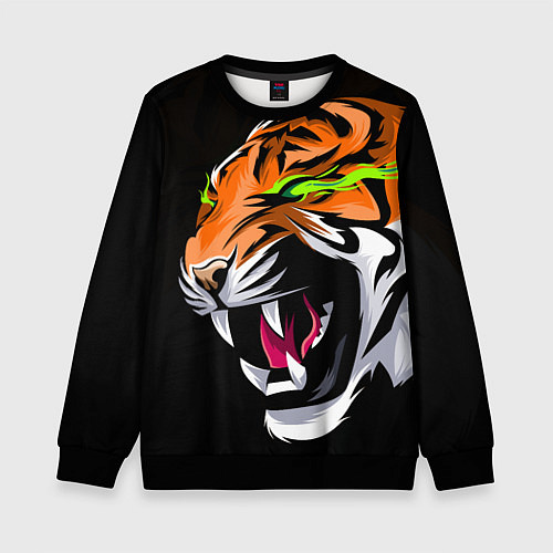 Детский свитшот Тигр, с зелеными глазами / 3D-Черный – фото 1