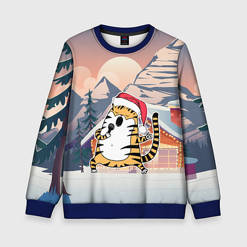 Детский свитшот Тигр поет песни в караоке / 3D-Синий – фото 1