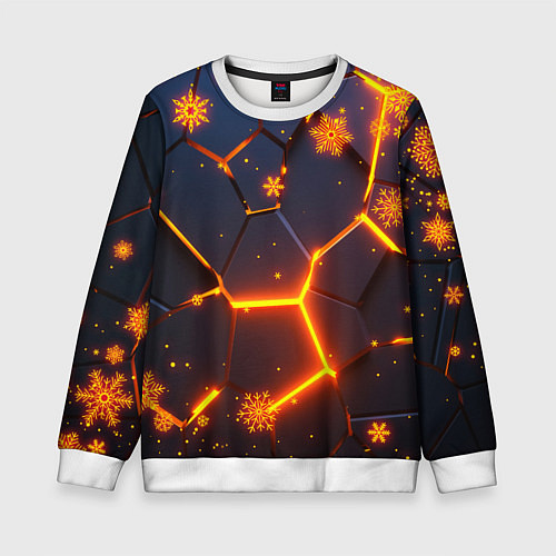 Детский свитшот НОВОГОДНИЕ ОГНЕННЫЕ 3D ПЛИТЫ FIRE NEON HEXAGON / 3D-Белый – фото 1