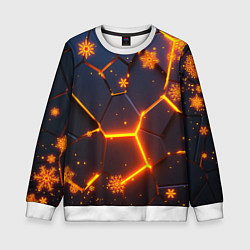 Свитшот детский НОВОГОДНИЕ ОГНЕННЫЕ 3D ПЛИТЫ FIRE NEON HEXAGON, цвет: 3D-белый