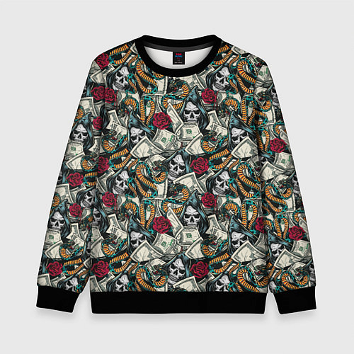 Детский свитшот Смерть, Змея, Доллары, Розы / 3D-Черный – фото 1