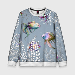 Свитшот детский Разноцветные акварельные рыбки и белые водоросли, цвет: 3D-белый