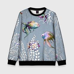 Свитшот детский Разноцветные акварельные рыбки и белые водоросли, цвет: 3D-черный