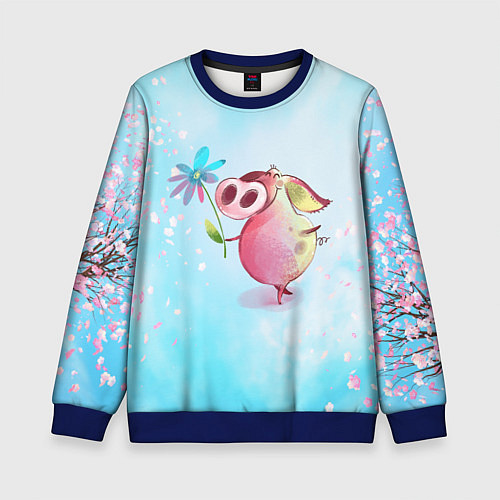 Детский свитшот Милый поросенок с цветами / 3D-Синий – фото 1