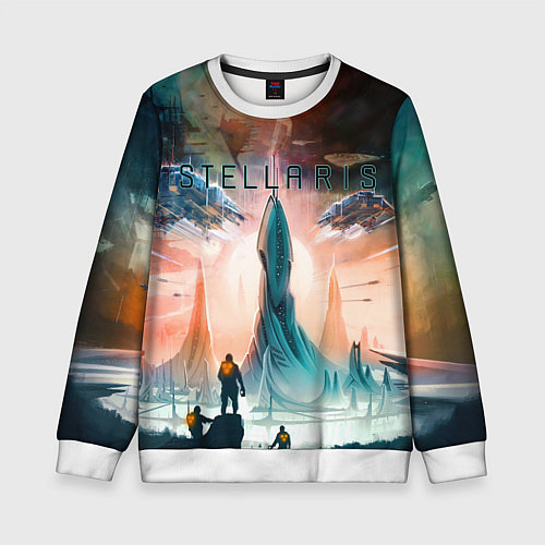 Детский свитшот Stellaris космические корабли на фоне башни / 3D-Белый – фото 1