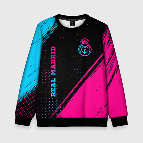 Детский свитшот Real Madrid - neon gradient: символ и надпись верт / 3D-Черный – фото 1