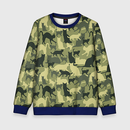 Детский свитшот Кошачий камуфляж в зеленой гамме / 3D-Синий – фото 1