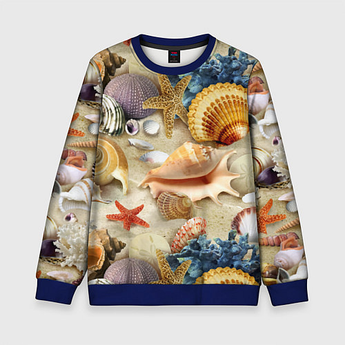 Детский свитшот Морские раковины, кораллы, морские звёзды на песке / 3D-Синий – фото 1