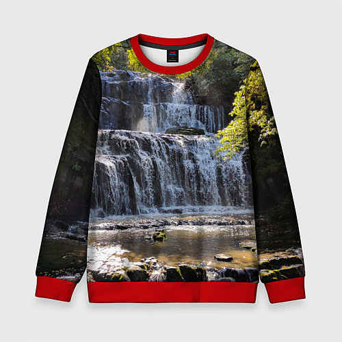 Детский свитшот Водопад, солнечные лучи и лес / 3D-Красный – фото 1
