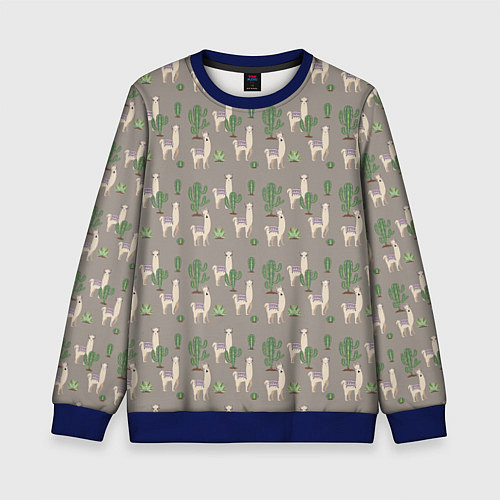 Детский свитшот Три забавных ламы среди кактусов / 3D-Синий – фото 1
