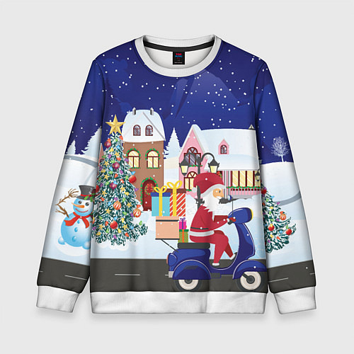 Детский свитшот Дед Мороз едет на скутере с подарками в Новогоднюю / 3D-Белый – фото 1