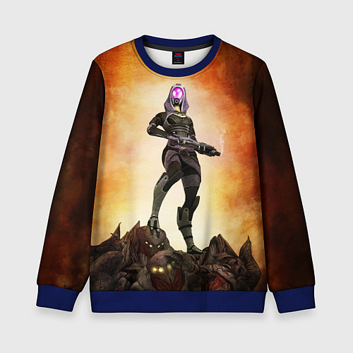 Детский свитшот Кварианка стоит на горе трупов в свете огня / 3D-Синий – фото 1
