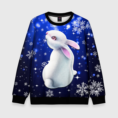 Детский свитшот Белый кролик в снежинках / 3D-Черный – фото 1