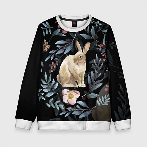 Детский свитшот Новогодний кролик - Веточки и цветочки / 3D-Белый – фото 1