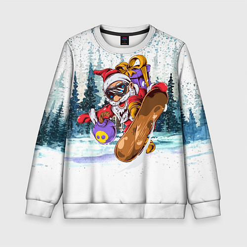 Детский свитшот Санта на сноуборде в лесу / 3D-Белый – фото 1