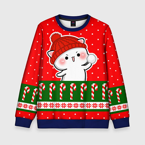 Детский свитшот Белый котик - играет в снежки / 3D-Синий – фото 1