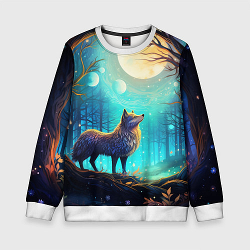 Детский свитшот Волк в ночном лесу в folk art стиле / 3D-Белый – фото 1