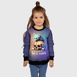 Свитшот детский Черный котенок на черепе мрачный неоновый фон, цвет: 3D-черный — фото 2