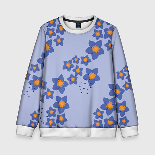 Детский свитшот Узор из синих цветов на сиреневом фоне / 3D-Белый – фото 1