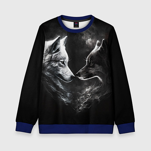Детский свитшот Пара волков - белый и черный / 3D-Синий – фото 1