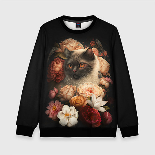 Детский свитшот Милый котик окружённый цветами / 3D-Черный – фото 1