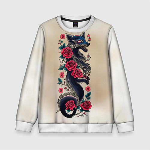 Детский свитшот Irezumi - татуировка лиса в розах / 3D-Белый – фото 1
