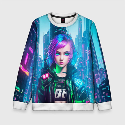 Детский свитшот Девушка в стиле киберпанк на фоне неонового города / 3D-Белый – фото 1