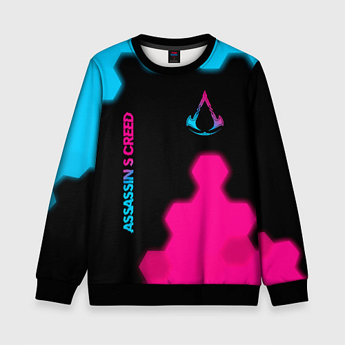 Детский свитшот Assassins Creed - neon gradient: надпись, символ / 3D-Черный – фото 1