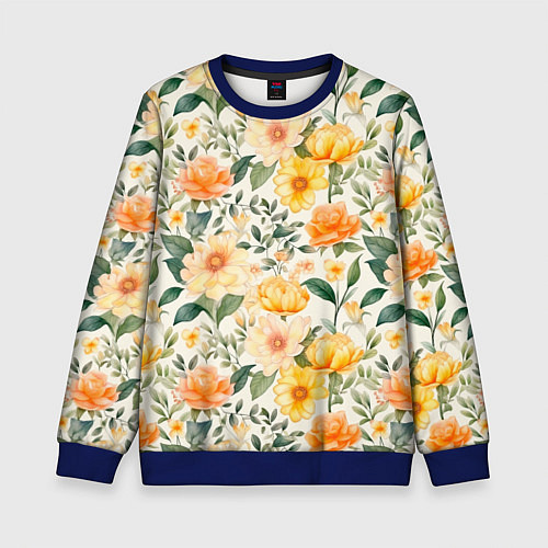 Детский свитшот Желтые и розовые хризантемы и пионы на светлом фон / 3D-Синий – фото 1