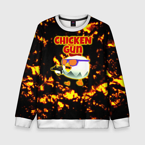 Детский свитшот Chicken Gun на фоне огня / 3D-Белый – фото 1