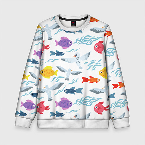 Детский свитшот Рыбы и чайки / 3D-Белый – фото 1