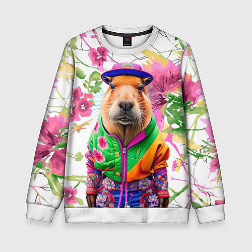 Детский свитшот Капибара в модной куртке - нейросеть / 3D-Белый – фото 1