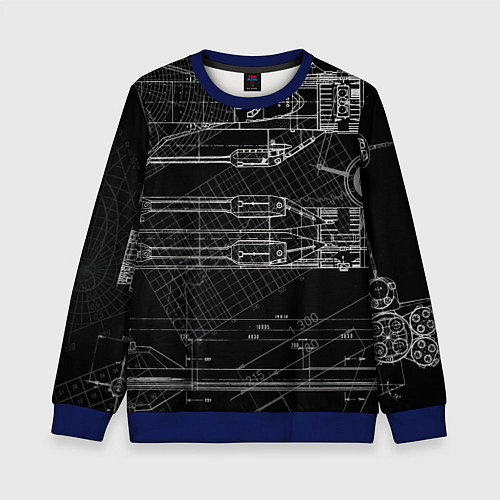Детский свитшот Чертеж ракеты на чёрном фоне / 3D-Синий – фото 1
