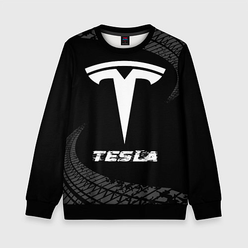 Детский свитшот Tesla speed на темном фоне со следами шин / 3D-Черный – фото 1