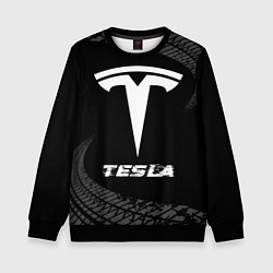 Детский свитшот Tesla speed на темном фоне со следами шин
