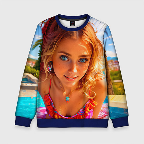 Детский свитшот Девушка на курорте у бассейна / 3D-Синий – фото 1