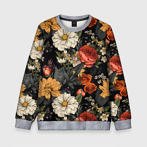 Детский свитшот Цветочный паттерн на черном / 3D-Меланж – фото 1