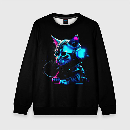 Детский свитшот Котёнок киберпанк / 3D-Черный – фото 1