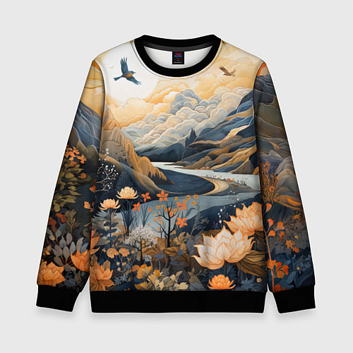 Детский свитшот Солнечное утро в цветущих горах / 3D-Черный – фото 1