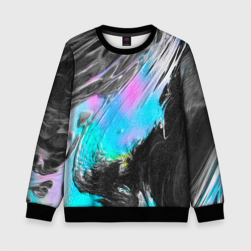 Детский свитшот Акварельные чёрные голубые розовые разводы / 3D-Черный – фото 1