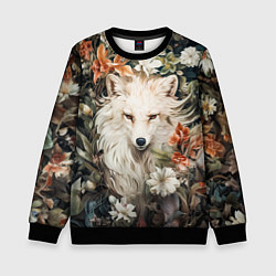 Свитшот детский Белая лисица в кустах цветов, цвет: 3D-черный
