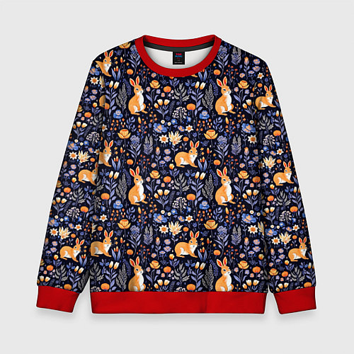 Детский свитшот Оранжевые зайчики в траве на синем фоне / 3D-Красный – фото 1