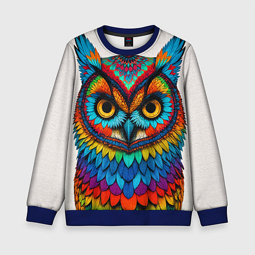 Детский свитшот Сова желтоглазая с разноцветными перьями / 3D-Синий – фото 1