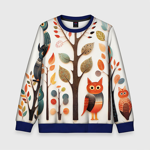 Детский свитшот Совы в осеннем лесу в стиле фолк-арт / 3D-Синий – фото 1