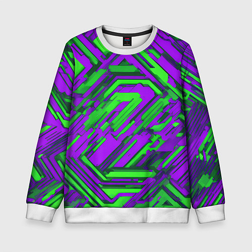 Детский свитшот Кибкрпанк полосы фиолетовые и зелёные / 3D-Белый – фото 1