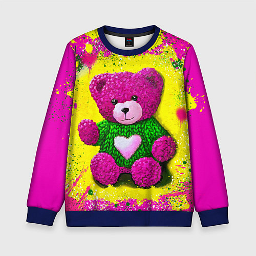 Детский свитшот Розовый мишка в вязаном свитере / 3D-Синий – фото 1