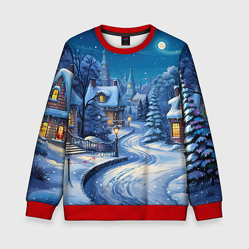 Детский свитшот Новогодняя ночь в деревушке / 3D-Красный – фото 1